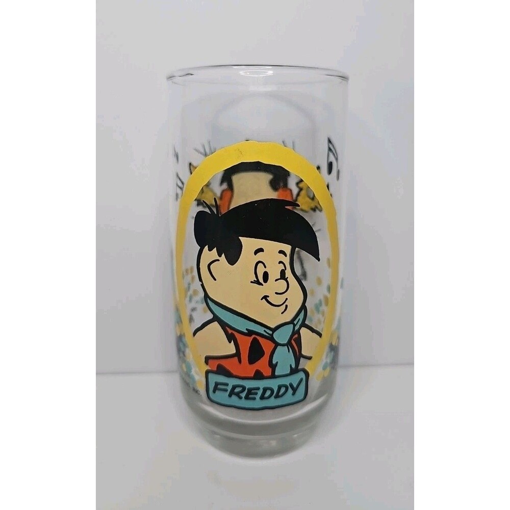 VINTAGE  1986 -PIZZA HUT- FLINTSTONE KIDS DRINKING GLASS "FREDDY"  HANNA BARBERA